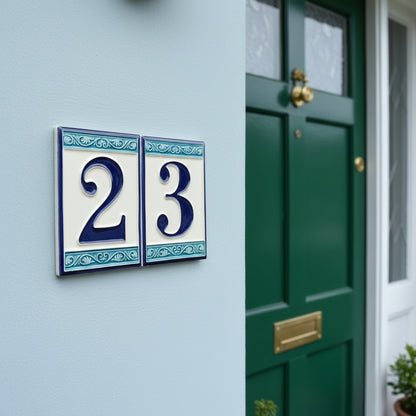 Hand-painted Italian Greek-styled house number tiles 11 x 7cm