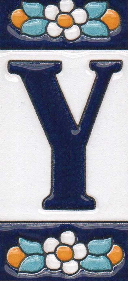 Ceramic House Tile Numbers & Letters, Blue Floral Design, 7.5cm x 3.5cm, 2 to 10 Frames