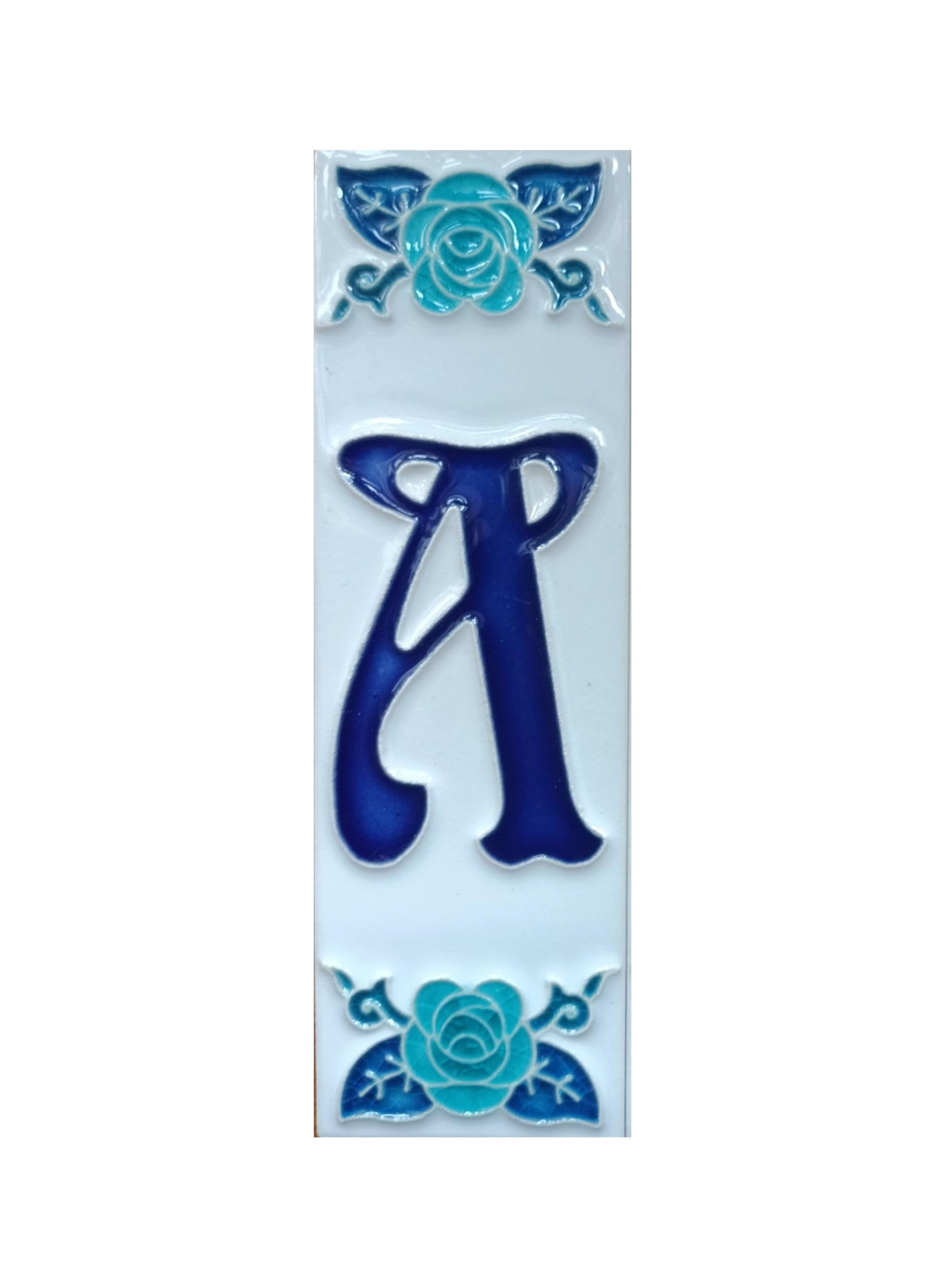 Italian hand-painted blue rose ceramic house number tiles 15 x 4.8cm