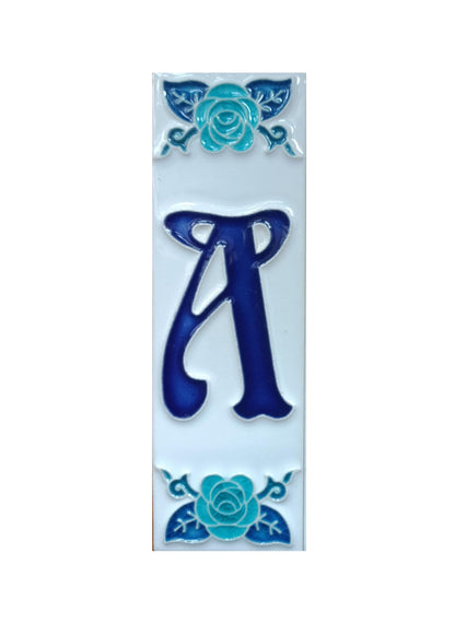 Italian hand-painted blue rose ceramic house number tiles 15 x 4.8cm