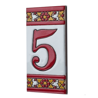Spanish Floral Roja Ceramic House Number Tiles 11 x 5.5 cm