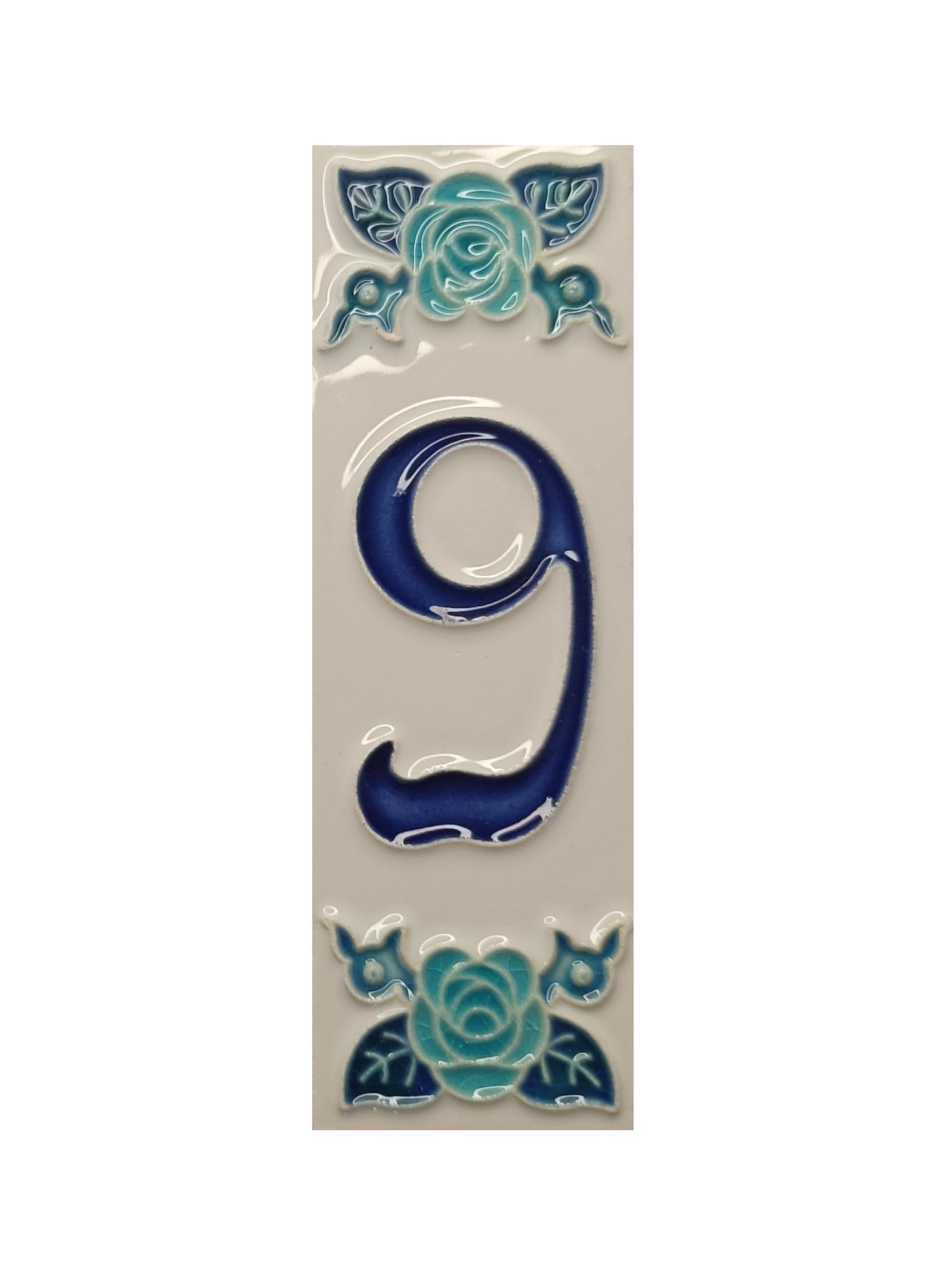 Italian hand-painted blue rose ceramic house number tiles 15 x 4.8cm