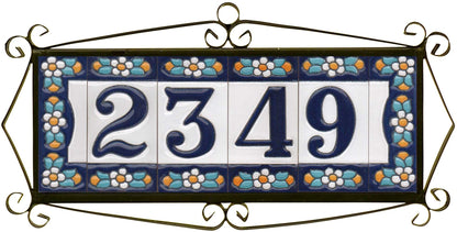 Ceramic House Tile Numbers & Letters, Blue Floral Design, 7.5cm x 3.5cm, 2 to 10 Frames