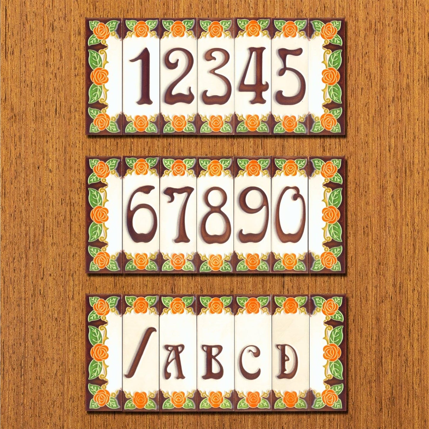 Italian Orange Rose Hand-painted Ceramic House Number Tiles 15 x 4.8cm