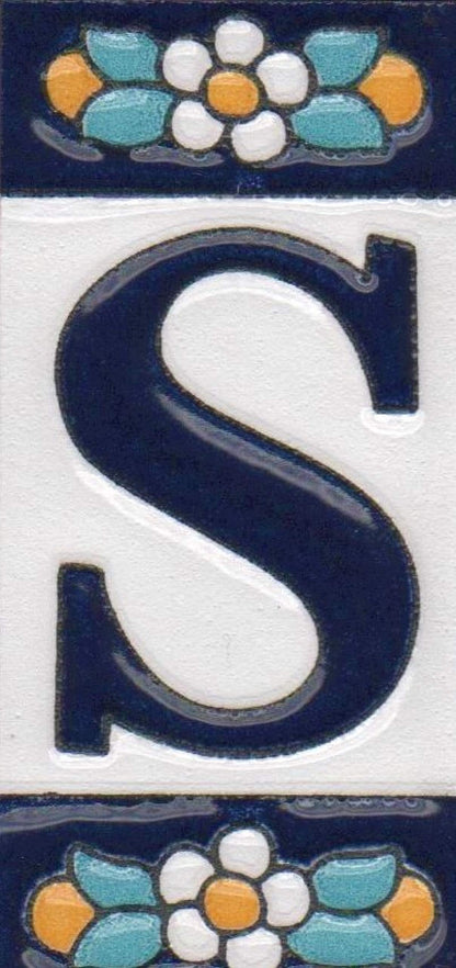 Ceramic House Tile Numbers & Letters, Blue Floral Design, 7.5cm x 3.5cm, 2 to 10 Frames