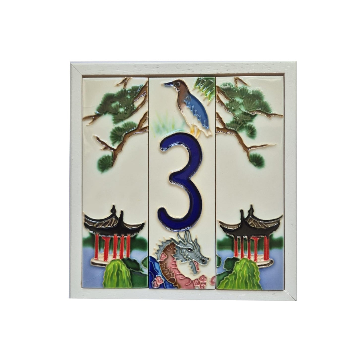 Hand-painted Oriental-themed ceramic house numbers tiles 15 x 4.8 cm