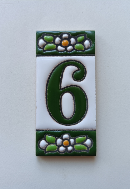 Spanish Ceramic Floral Green Mini House Number Tiles 7.5 x 3.5cm & Metal Filigree Frames