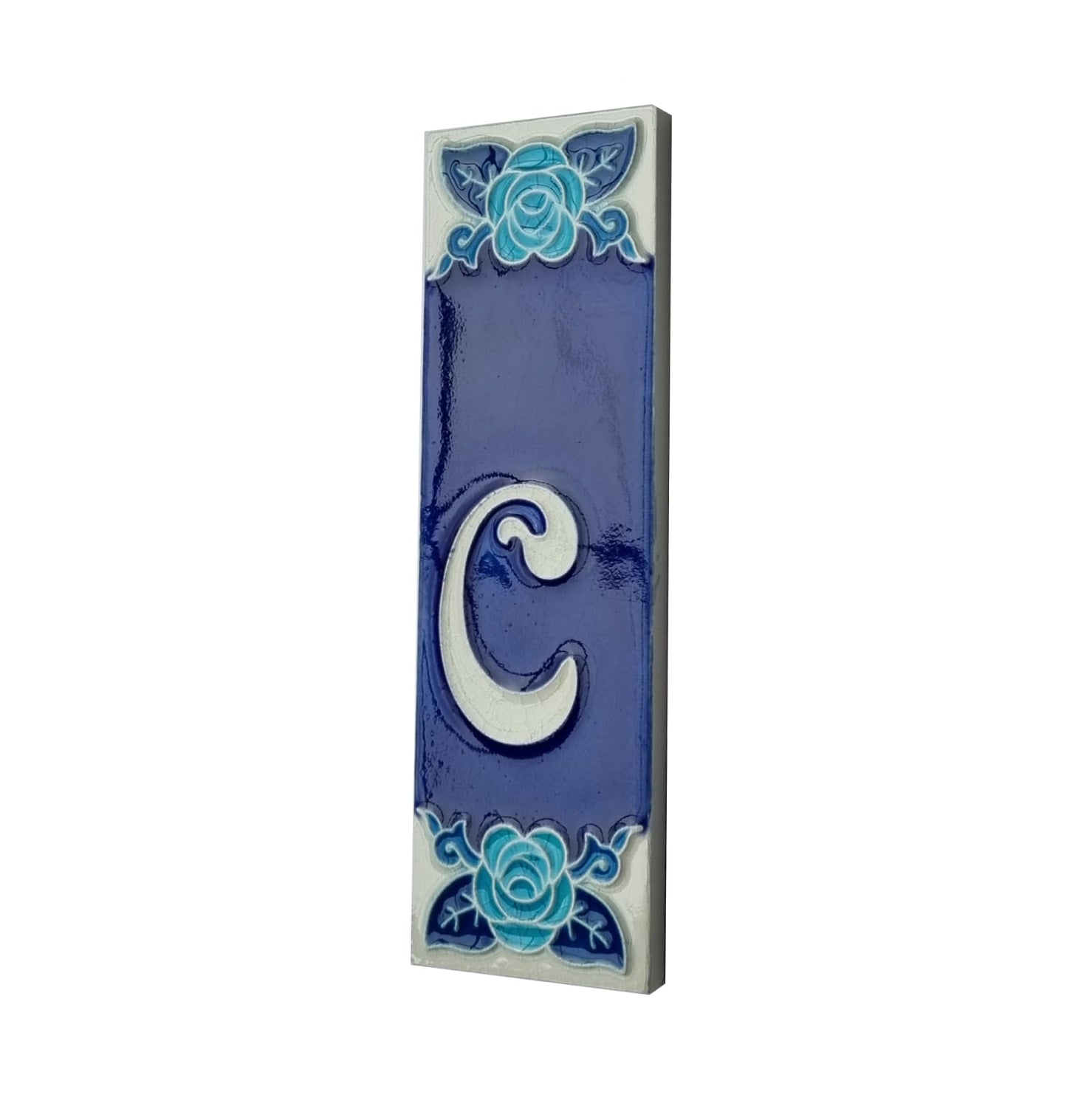 Italian Hand-painted Glow Dark Blue Rose Ceramic House Number Tiles 15 x 4.8 cm