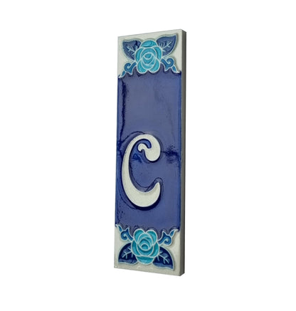 Italian Hand-painted Glow Dark Blue Rose Ceramic House Number Tiles 15 x 4.8 cm