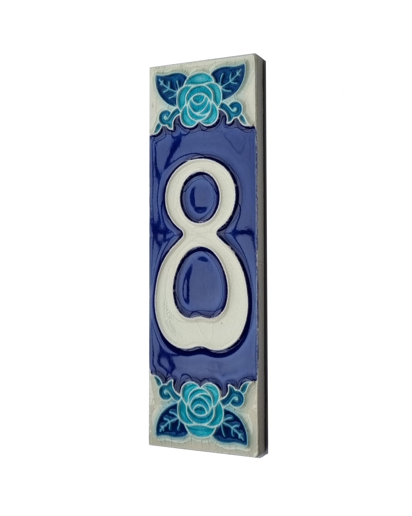 Italian Hand-painted Glow Dark Blue Rose Ceramic House Number Tiles 15 x 4.8 cm