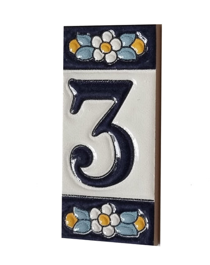 Ceramic House Tile Numbers & Letters, Blue Floral Design, 7.5cm x 3.5cm, 2 to 10 Frames