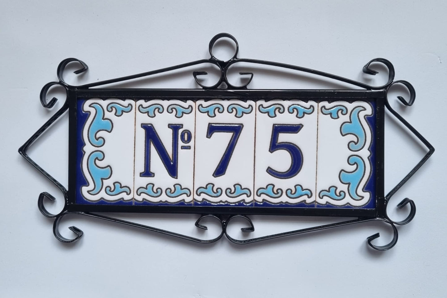 Blue & White Mini-house Ceramic Number Tiles 7.5 x 3.7cm | Optional frames | MD-04