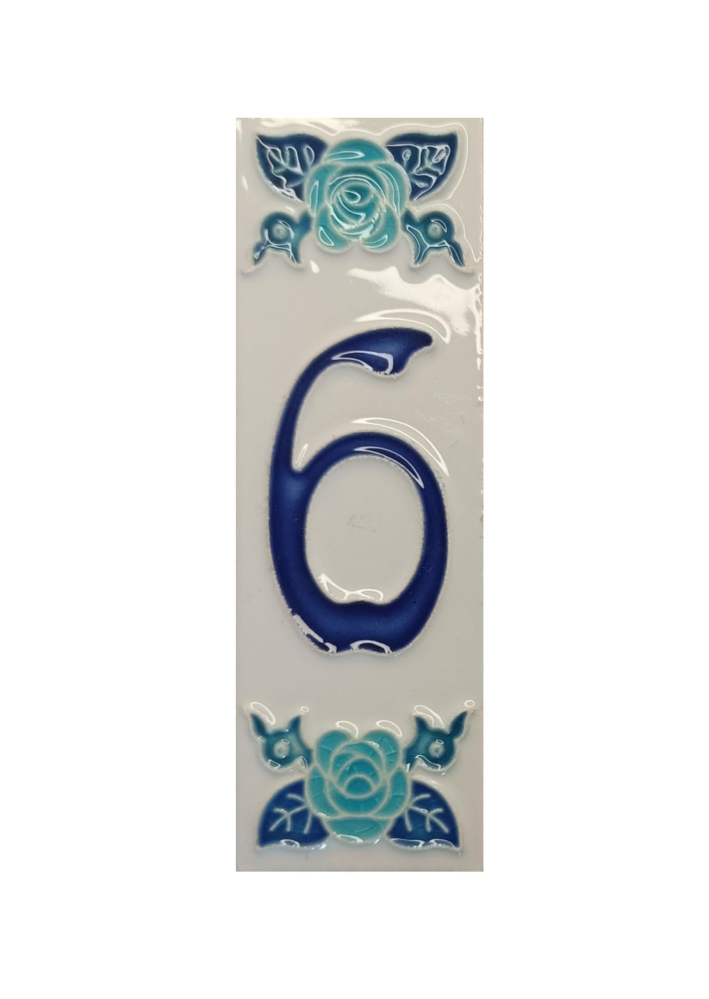 Italian hand-painted blue rose ceramic house number tiles 15 x 4.8cm