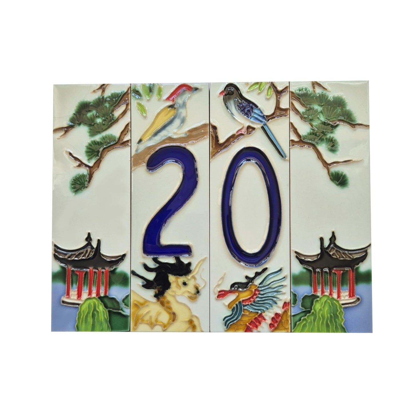 Hand-painted Oriental-themed ceramic house numbers tiles 15 x 4.8 cm