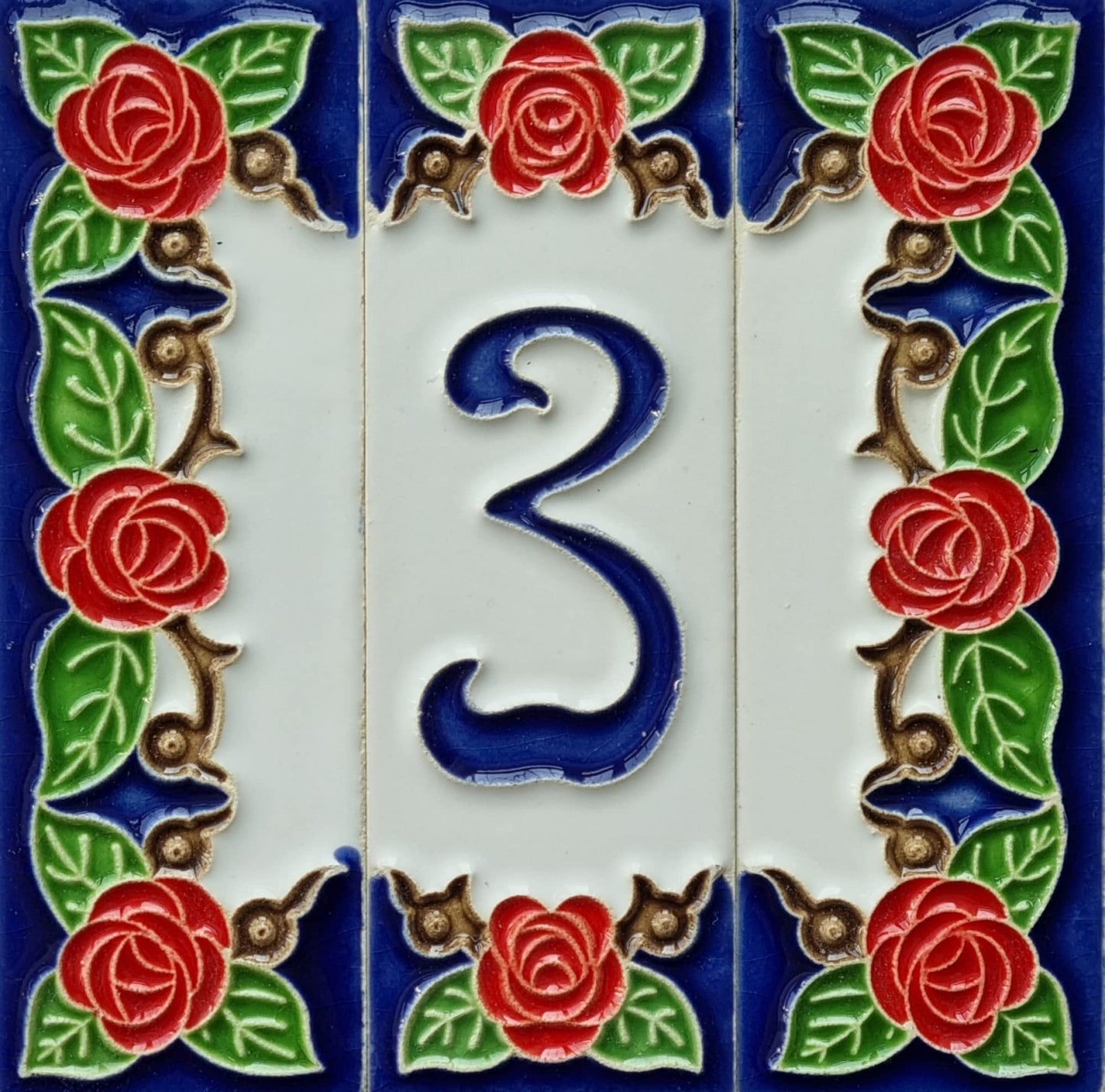 Hand-painted Italian Red Rose Ceramic House Numbers Tiles, Letters 15 x 4.8cm & Frames