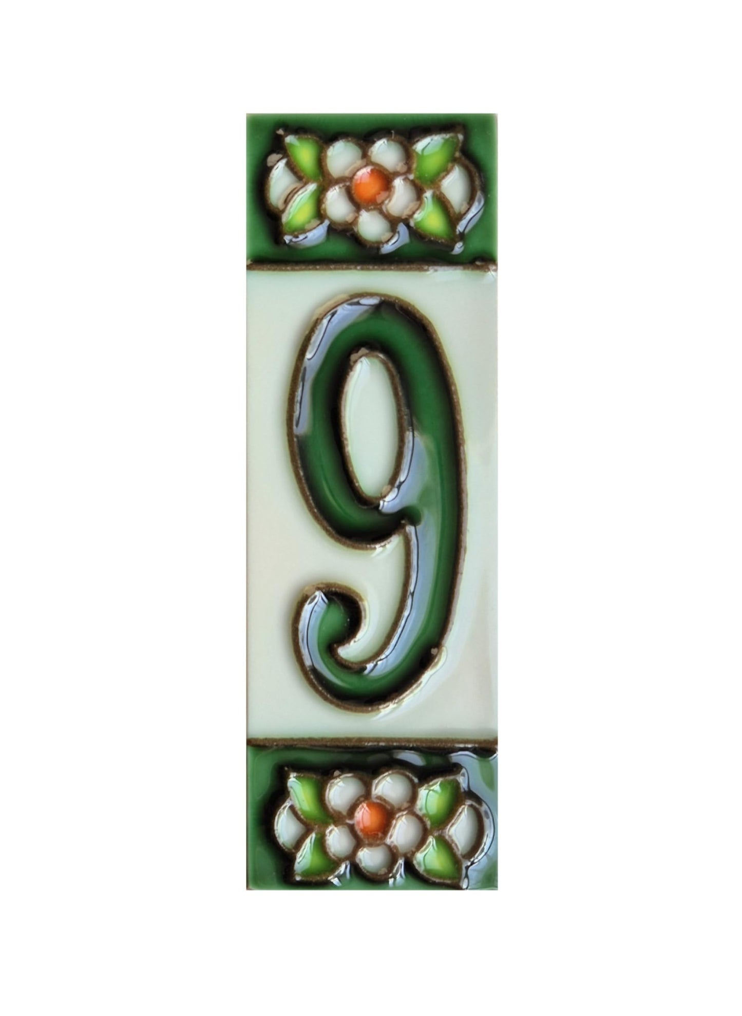 Hand-painted Green Floral House Number Tiles 10 x 3.3 cm