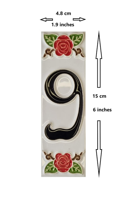 Hand-Painted Italian Ceramic House Number Tile | Red Rose Design 15 x 4.8 cm