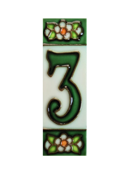 Hand-painted Green Floral House Number Tiles 10 x 3.3 cm