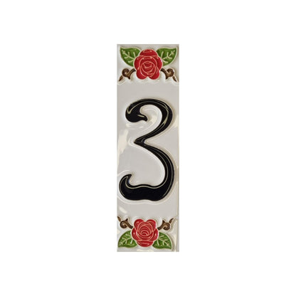 Hand-Painted Italian Ceramic House Number Tile | Red Rose Design 15 x 4.8 cm