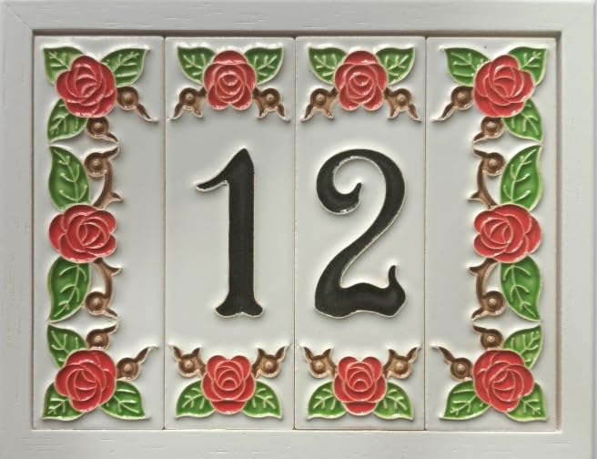 Hand-Painted Italian Ceramic Red Rose House Numbers 10 x 3.3 cm with Black Numbers