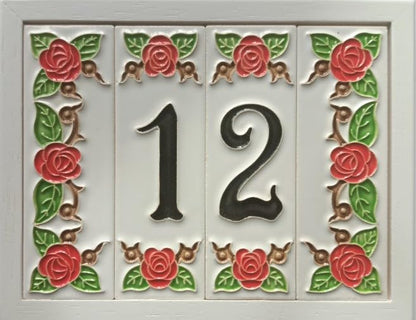 Hand-Painted Italian Ceramic Red Rose House Numbers 10 x 3.3 cm with Black Numbers
