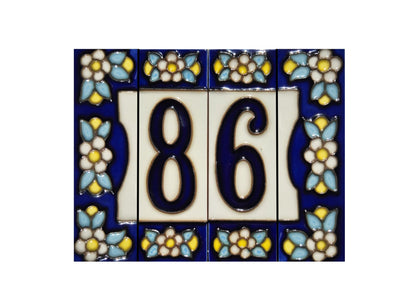 Blue Floral Ceramic House Number Tiles 10 x 3.3 cm