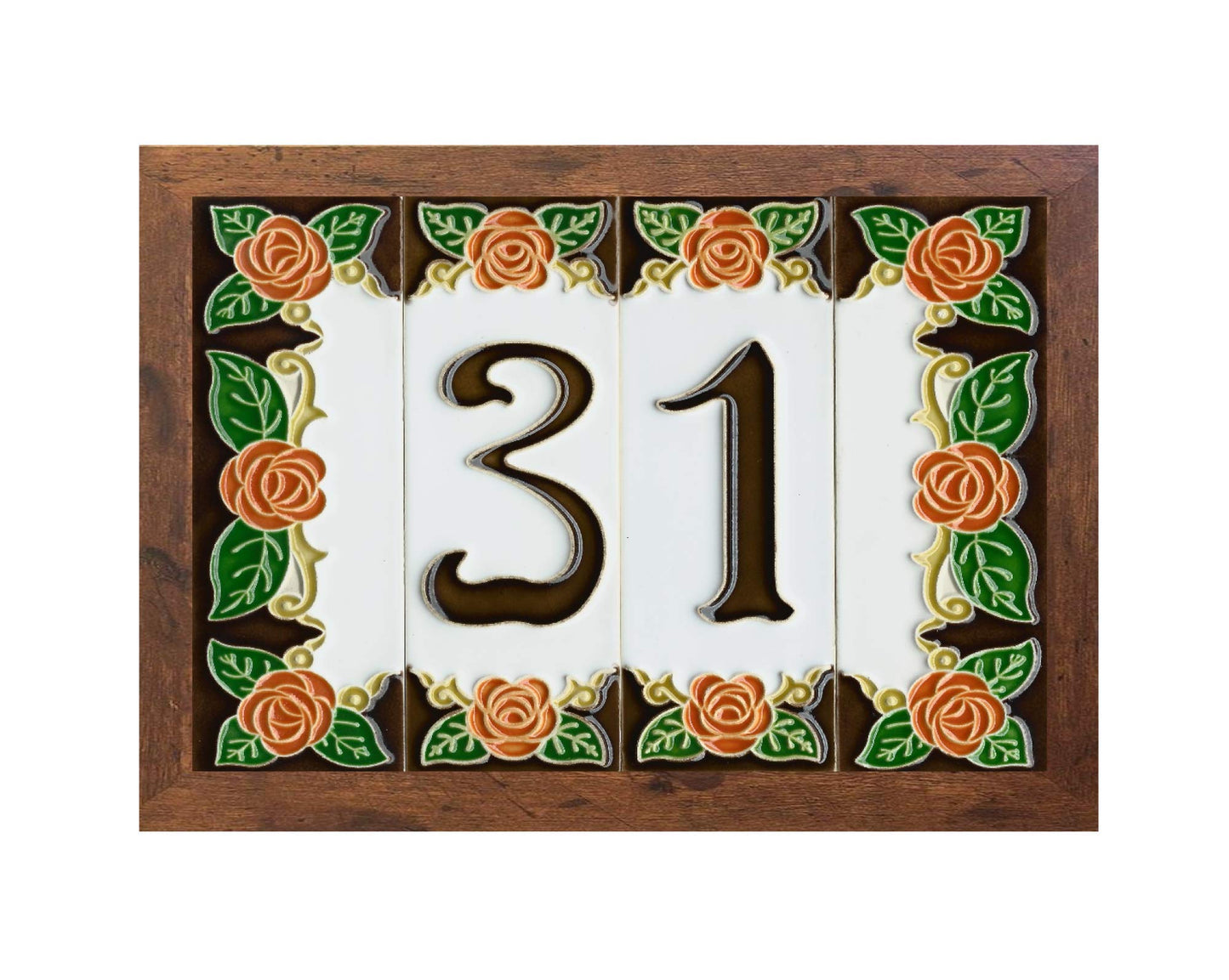 Italian Orange Rose Hand-painted Ceramic House Number Tiles 15 x 4.8cm