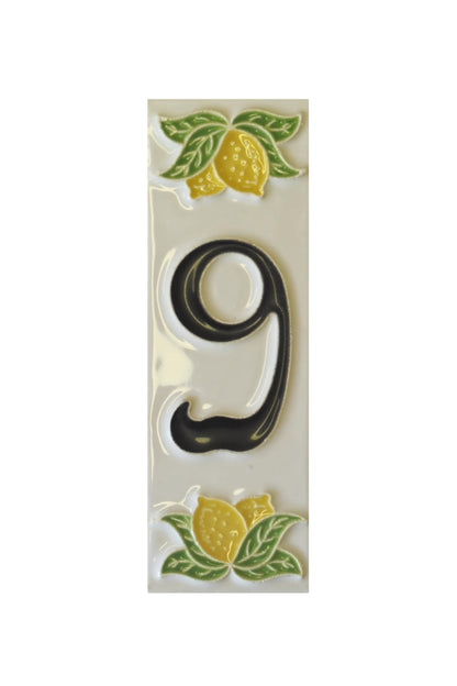 Italian hand-painted lemon ceramic house number tiles with black fonts 10 x 3.3 cm