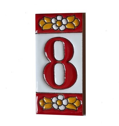 Ceramic House Tile Numbers & Letters, Red Floral Design, Tile Size: 7.5cm x 3.5cm, 2 to 10 Tile Frames