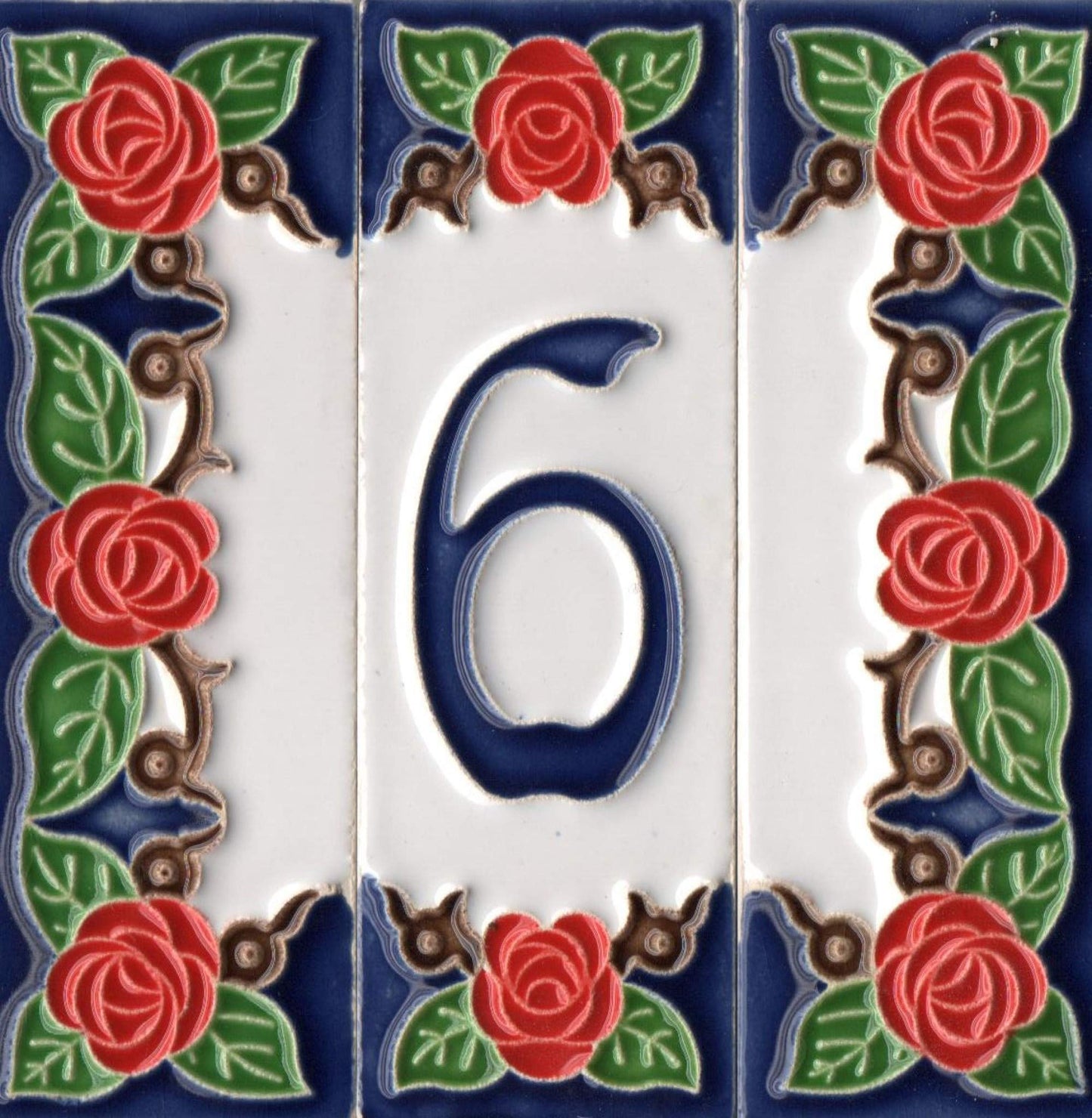 Hand-painted Italian Red Rose Ceramic House Numbers Tiles, Letters 15 x 4.8cm & Frames