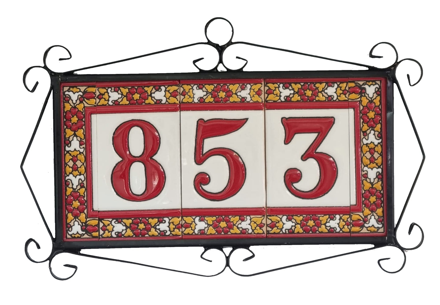 Spanish Floral Roja Ceramic House Number Tiles 11 x 5.5 cm