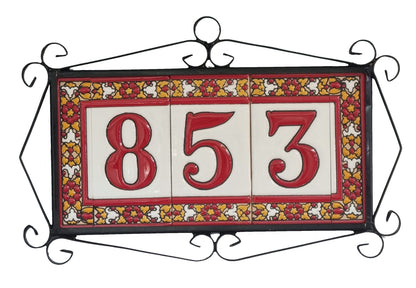 Spanish Floral Roja Ceramic House Number Tiles 11 x 5.5 cm