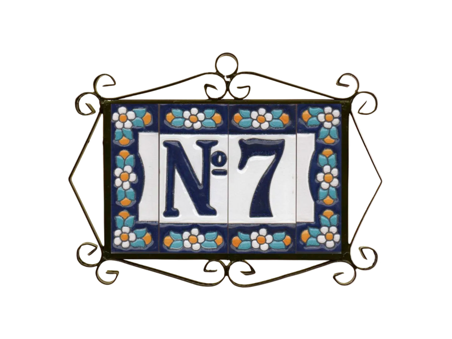 Decorative house number 'No. 7' with floral patterns on a white background