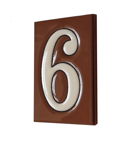 Hand-Painted Cerami House Number Tiles 10 x 7.5cm Costa Brown & White Design