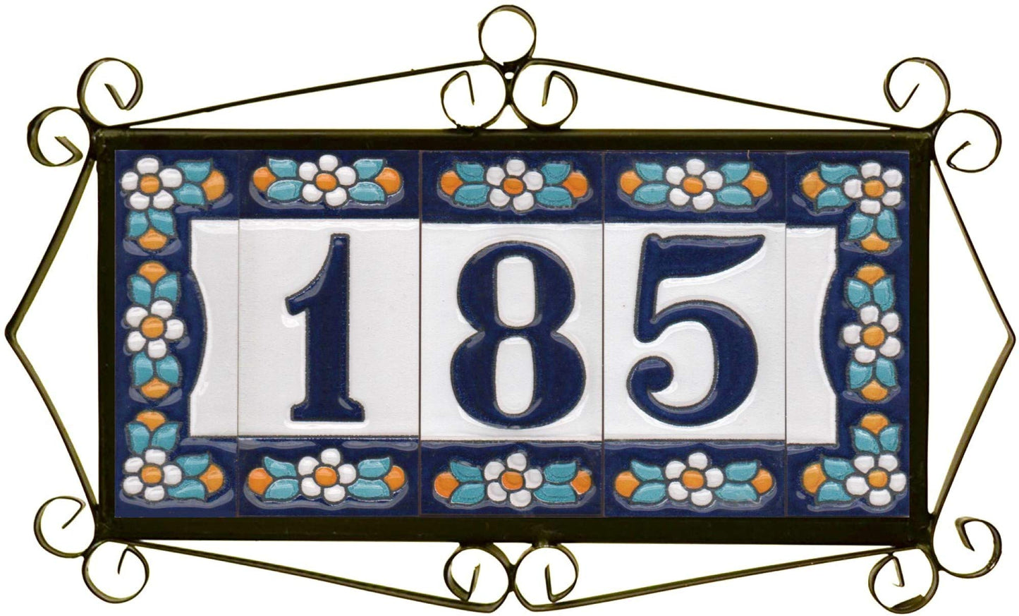 Ceramic House Tile Numbers & Letters, Blue Floral Design, 7.5cm x 3.5cm, 2 to 10 Frames