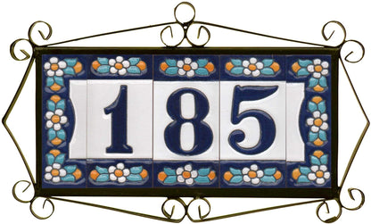 Ceramic House Tile Numbers & Letters, Blue Floral Design, 7.5cm x 3.5cm, 2 to 10 Frames