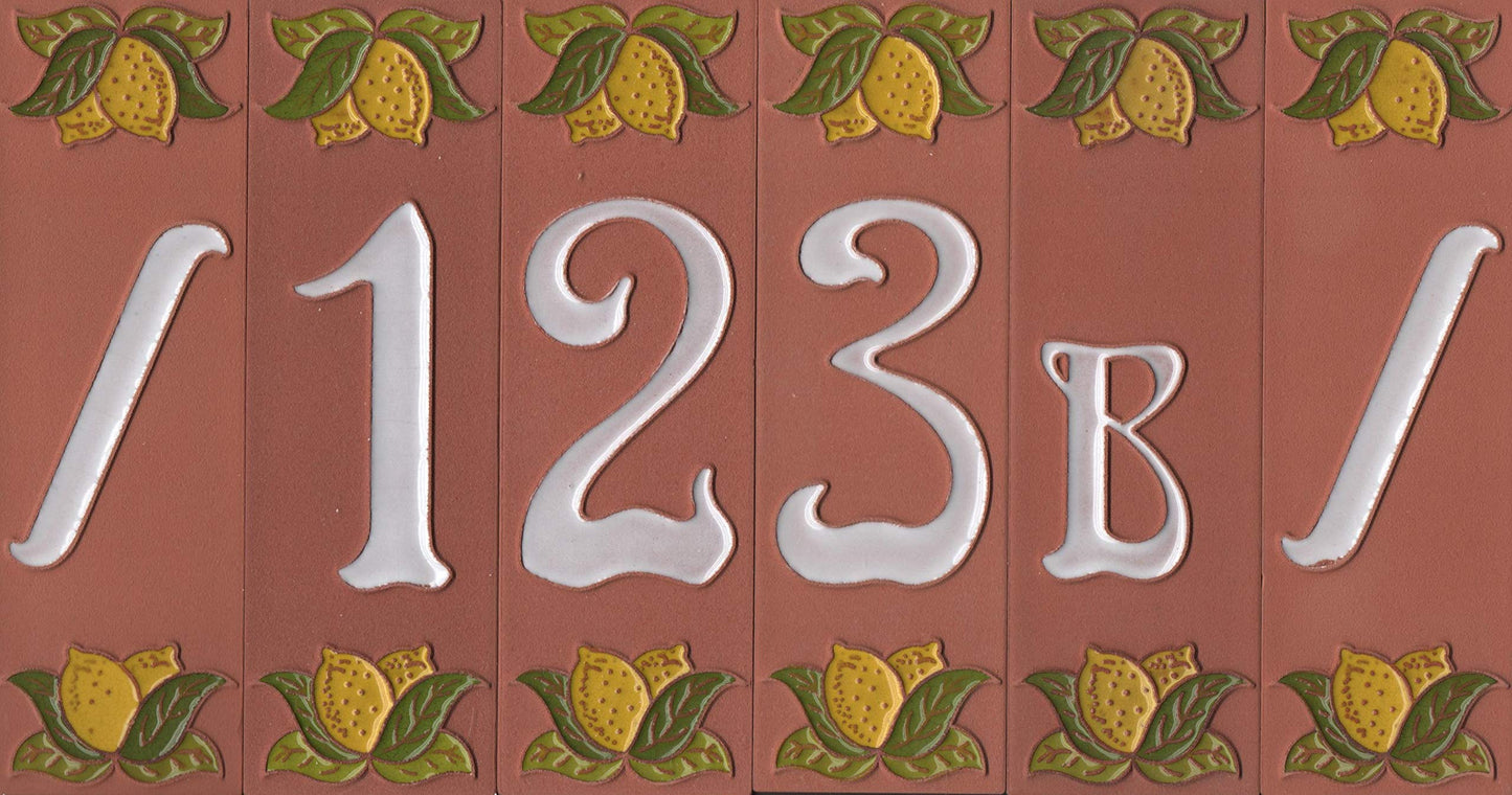 Terracotta Hand-painted Lemon Designed Ceramic House Number Tiles 15 x 4.8 cm