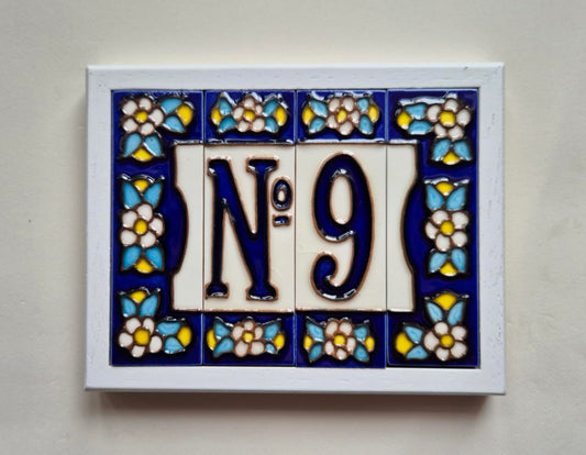 Hand-painted Blue Floral Ceramic House Number Tiles 10 x 3.3cm
