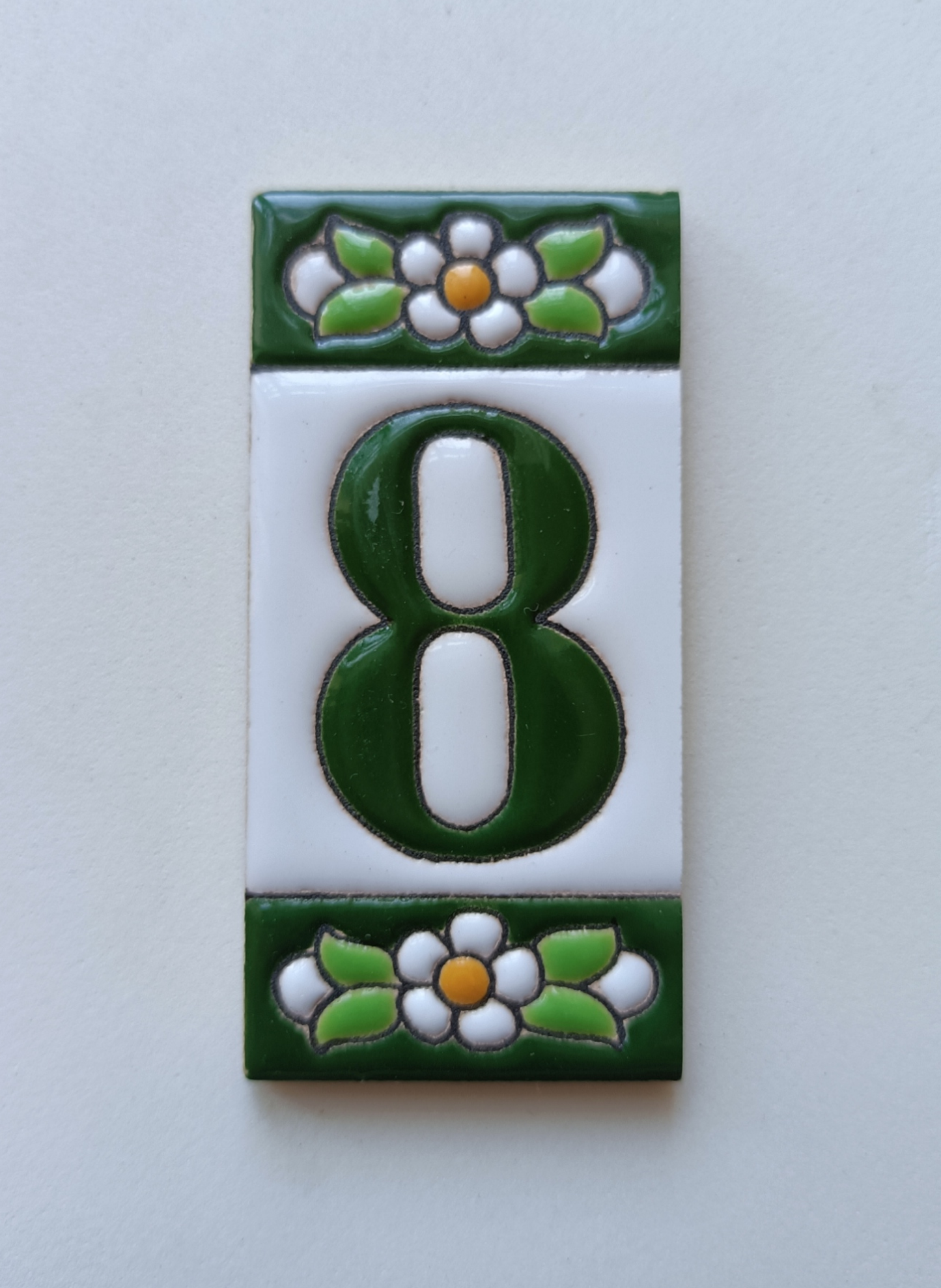 Spanish Ceramic Floral Green Mini House Number Tiles 7.5 x 3.5cm & Metal Filigree Frames