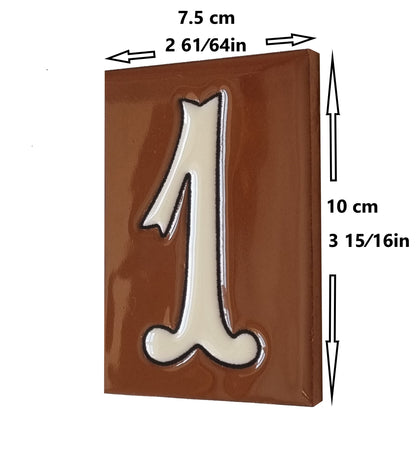 Hand-Painted Cerami House Number Tiles 10 x 7.5cm Costa Brown & White Design