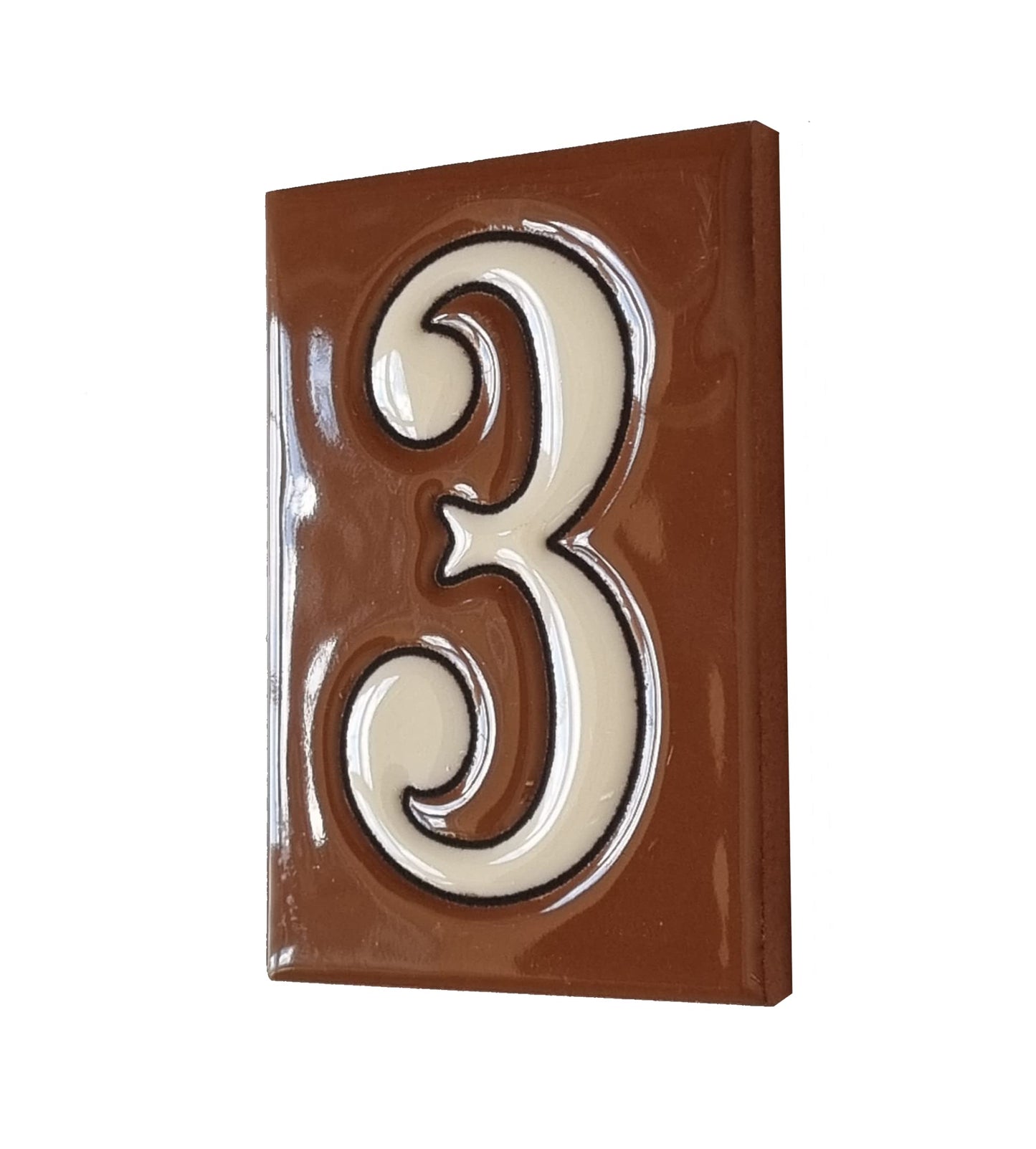 Hand-Painted Cerami House Number Tiles 10 x 7.5cm Costa Brown & White Design
