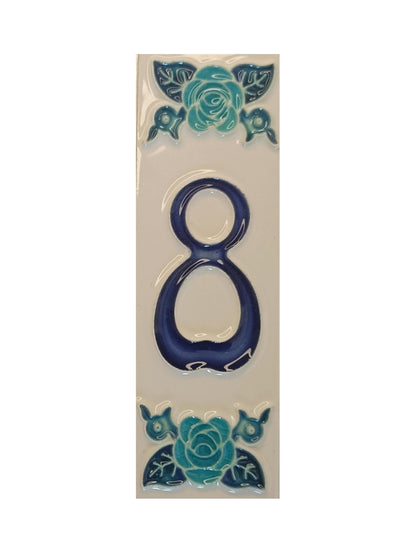 Italian hand-painted blue rose ceramic house number tiles 15 x 4.8cm