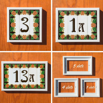 Italian Handmade Orange Ceramic Rose House Numbers Tiles 10 x 3.3cm | 3 to 6 Tile Frames