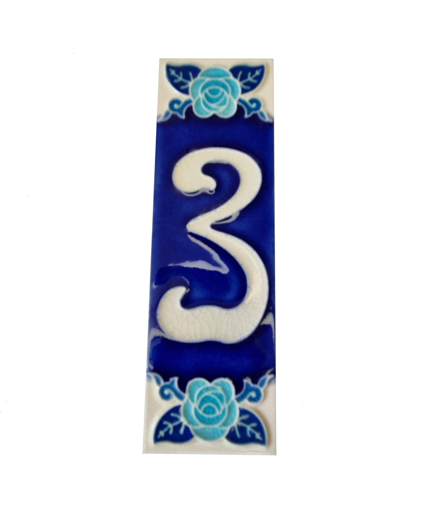 Italian Hand-painted Glow Dark Blue Rose Ceramic House Number Tiles 15 x 4.8 cm