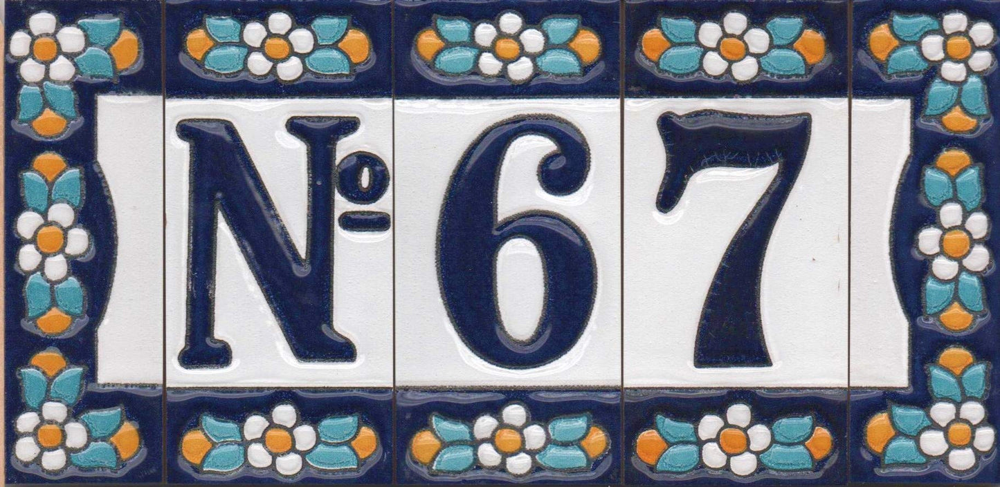 Ceramic House Tile Numbers & Letters, Blue Floral Design, 7.5cm x 3.5cm, 2 to 10 Frames