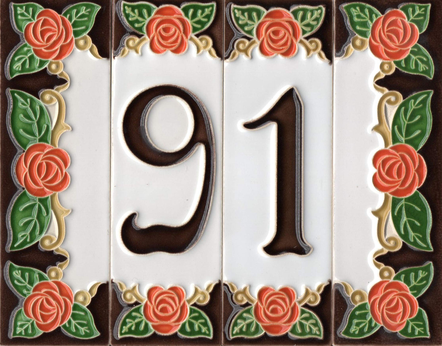 Italian Handmade Orange Ceramic Rose House Numbers Tiles 10 x 3.3cm | 3 to 6 Tile Frames