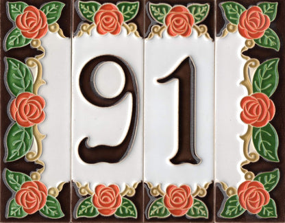 Italian Handmade Orange Ceramic Rose House Numbers Tiles 10 x 3.3cm | 3 to 6 Tile Frames