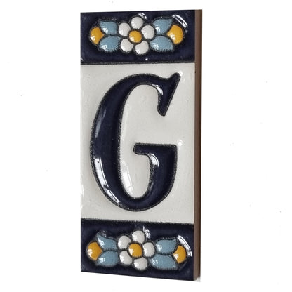 Ceramic House Tile Numbers & Letters, Blue Floral Design, 7.5cm x 3.5cm, 2 to 10 Frames