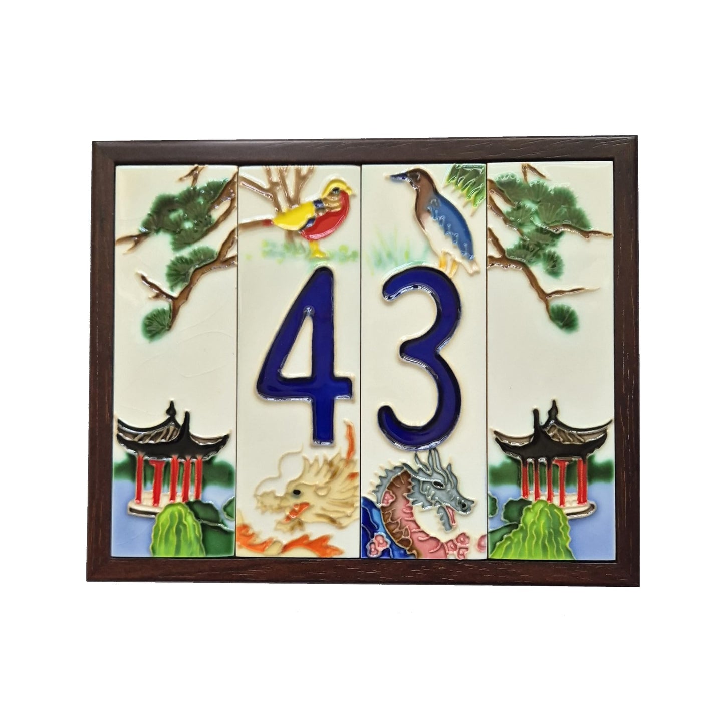 Hand-painted Oriental-themed ceramic house numbers tiles 15 x 4.8 cm