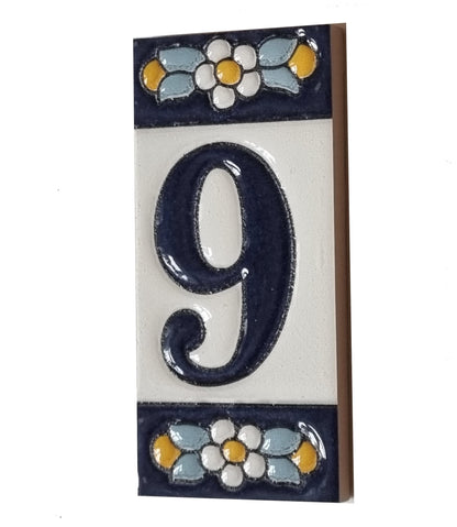 Ceramic House Tile Numbers & Letters, Blue Floral Design, 7.5cm x 3.5cm, 2 to 10 Frames